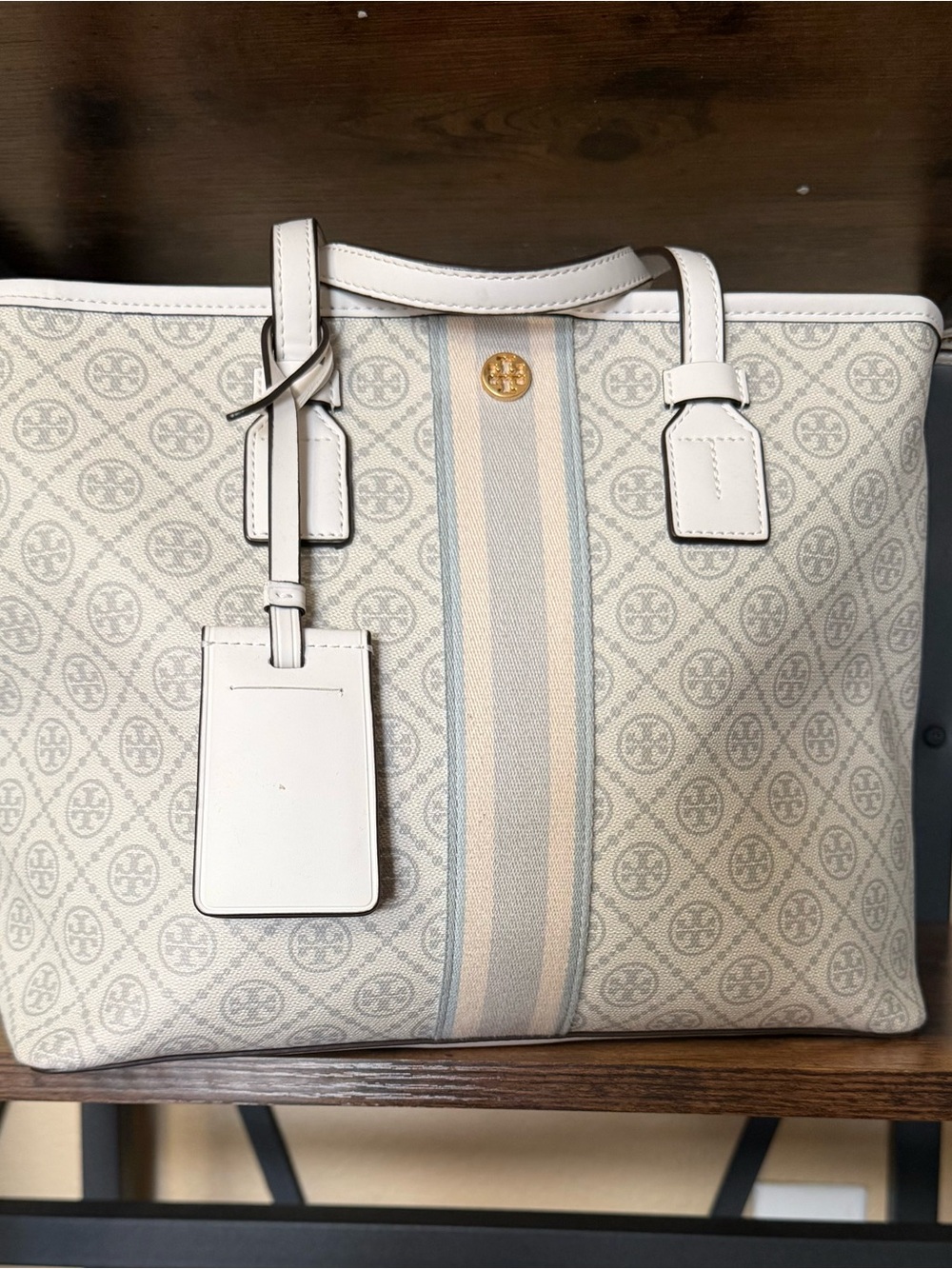 Tory Burch Cream Canvas Tote with Blue and Tan Stripe